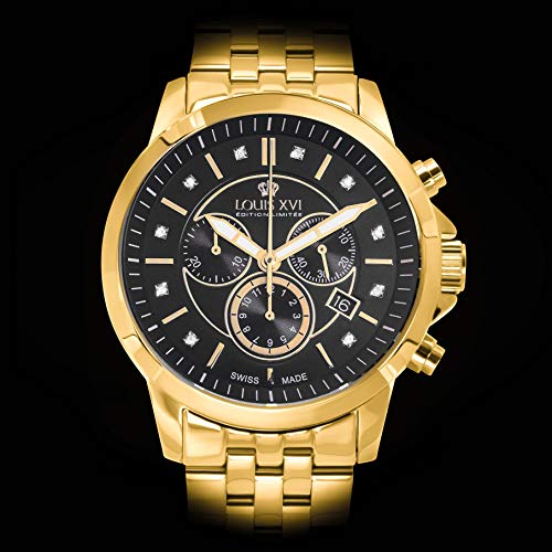 LOUIS XVI Aramis 880 - Reloj de pulsera para hombre, correa de acero, color dorado y negro, diamantes auténticos, cronógrafo, analógico, cuarzo, acero inoxidable