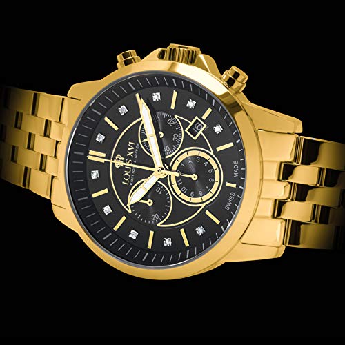 LOUIS XVI Aramis 880 - Reloj de pulsera para hombre, correa de acero, color dorado y negro, diamantes auténticos, cronógrafo, analógico, cuarzo, acero inoxidable