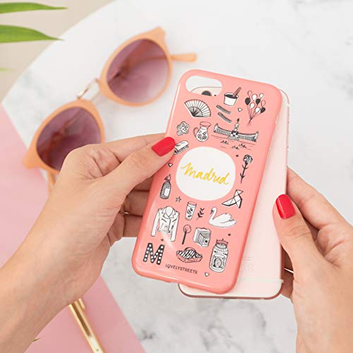 Lovely Streets Carcasa para iPhone 7, iPhone 8 y iPhone SE color Rosa con ilustraciones sobre cosas icónicas de Madrid