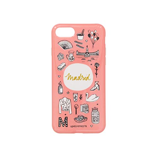 Lovely Streets Carcasa para iPhone 7, iPhone 8 y iPhone SE color Rosa con ilustraciones sobre cosas icónicas de Madrid