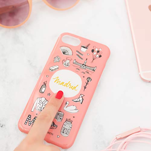 Lovely Streets Carcasa para iPhone 7, iPhone 8 y iPhone SE color Rosa con ilustraciones sobre cosas icónicas de Madrid