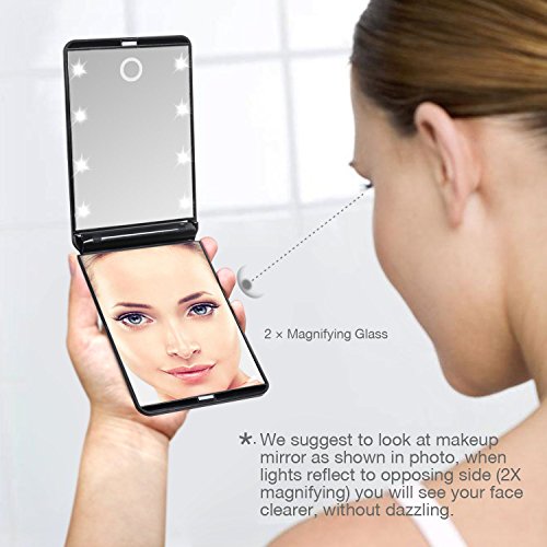 LURICO Espejo de Mano | Espejo de Bolsillo Compacto Iluminado LED - Aumento de 1X/2X - Plegable Espejo Cosmético para Maquillaje Afeitado o Viaje (Negro)