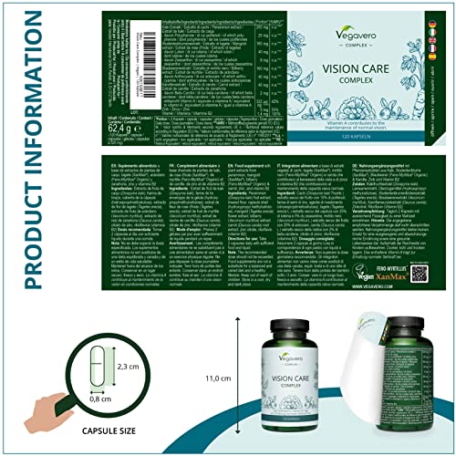 Luteína Complex Vegavero® | 100% Libre de Aditivos | Con Zeaxantina + Betacaroteno + Vitamina B2 + Citrato de Zinc + Extracto de Arándano y Kaki | 120 Cápsulas | Suplemento para Ojos & Vista