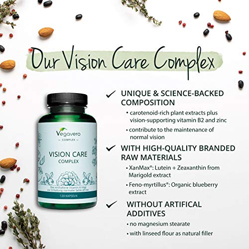 Luteína Complex Vegavero® | 100% Libre de Aditivos | Con Zeaxantina + Betacaroteno + Vitamina B2 + Citrato de Zinc + Extracto de Arándano y Kaki | 120 Cápsulas | Suplemento para Ojos & Vista
