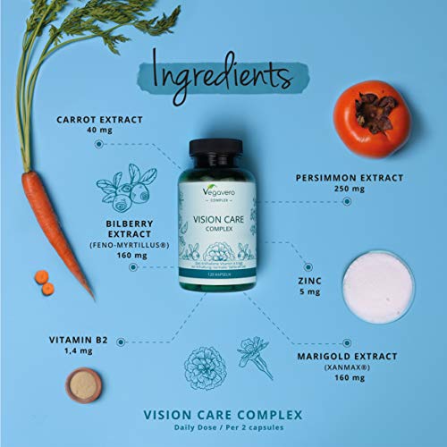 Luteína Complex Vegavero® | 100% Libre de Aditivos | Con Zeaxantina + Betacaroteno + Vitamina B2 + Citrato de Zinc + Extracto de Arándano y Kaki | 120 Cápsulas | Suplemento para Ojos & Vista