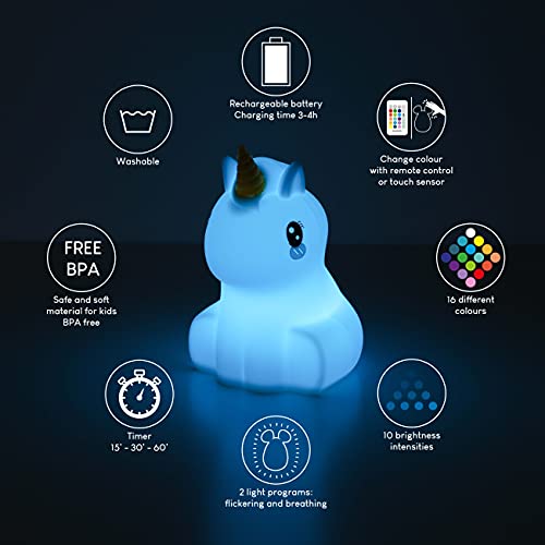 Luz Nocturna Infantil Unicornio con Control Remoto y Táctil 16 Colores – BONNYCO | Lampara Infantil Bebe con Temporizador | Luz Quitamiedos Infantil Silicona 100% Segura, Regalos para Niñas Niños