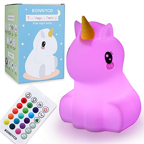 Luz Nocturna Infantil Unicornio con Control Remoto y Táctil 16 Colores – BONNYCO | Lampara Infantil Bebe con Temporizador | Luz Quitamiedos Infantil Silicona 100% Segura, Regalos para Niñas Niños
