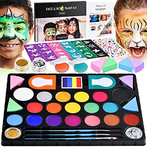 Magicfly Pintura Cara para niños, 18 Colores 136 pcs Face Paint Kit, Pintura Facial a Base de Agua para Maquillaje, Cosplay y
