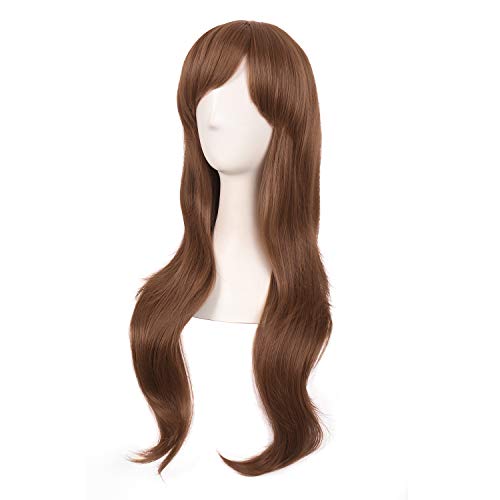 MapofBeauty 28 Pulgadas/70cm Monochrome Side Flequillo Natural Rizo Largo Rizo de Cosplay Pelucas (Ligero Marrón)