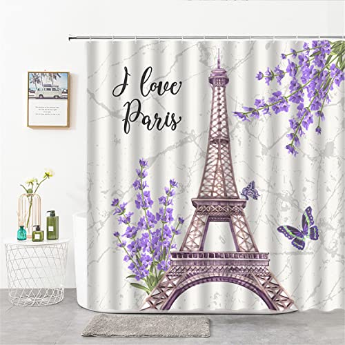 Mariposa cortina de baño de París flor decoración vintage romance torre de arte vintage Fondo cortina de baño con gancho. 48x72Inch WithHook