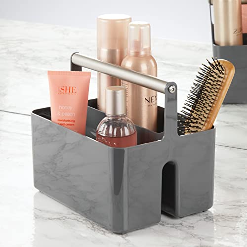 mDesign Caja organizadora para cuarto de baño – Cesta con asa para el almacenamiento de productos cosméticos – Organizador de baño con 2 compartimentos – gris oscuro/plateado mate