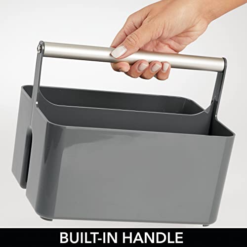 mDesign Caja organizadora para cuarto de baño – Cesta con asa para el almacenamiento de productos cosméticos – Organizador de baño con 2 compartimentos – gris oscuro/plateado mate
