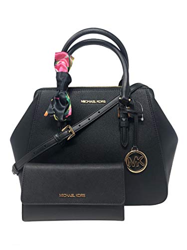 MICHAEL KORS Charlotte Large Satchel Shoulder Handbag Crossbody Leather Bundled with Wallet and Removable Silk Skinny Scarf (Black Gold Hardware)