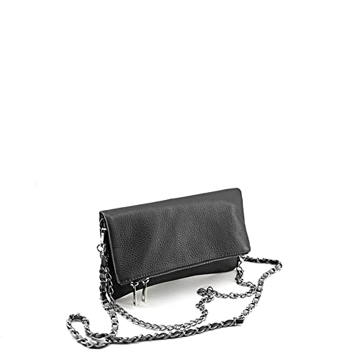 MODELISA - Bolso Bandolera Piel Doble Correa Cadena De Hombro Made In Italy Mujer (Negro)