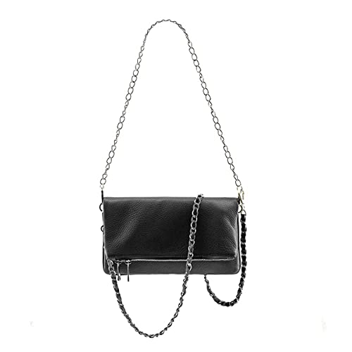 MODELISA - Bolso Bandolera Piel Doble Correa Cadena De Hombro Made In Italy Mujer (Negro)
