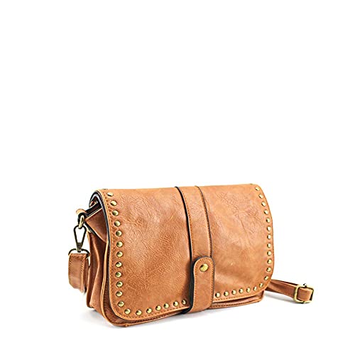 MODELISA - Bolso Bandolera Tachuelas Con Solapa Casual Informal Mujer (Marrón)