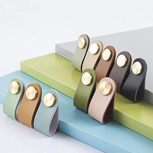 MOTZU 12 tiradores de piel para muebles, color marrón claro, tiradores de piel hechos a mano, estilo vintage, correa de piel monocolor, tiradores decorativos para zapatero, armarios, cajones