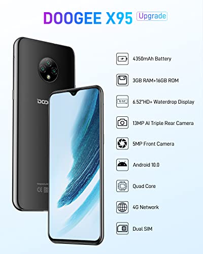 Moviles Baratos y Buenos, DOOGEE X95 [2022] 4G 3GB RAM+16GB ROM Telefono Movil, 4350mAh Batería Pantalla 6,52 Pulgadas Smartphone Barato Dual SIM, Triple Cámara 13MP, Android 10, Face ID - Negro