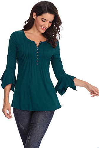 Mujeres Camisas y Blusas para Damas Casuales Tops Mangas 3/4 Campana Moda Acampanado Cuello Redondo Placet Frontal Delantero Botones Fruncidos de Las Señoras Elegantes