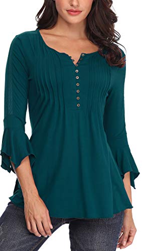 Mujeres Camisas y Blusas para Damas Casuales Tops Mangas 3/4 Campana Moda Acampanado Cuello Redondo Placet Frontal Delantero Botones Fruncidos de Las Señoras Elegantes