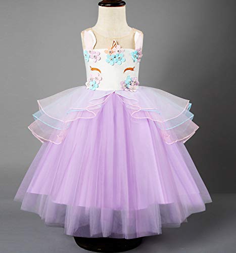 NNJXD Vestido Unicornio de Flor Volantes de Boda y Fiesta Princesa Muchacha Talla (130) 5-6 años 372 Púrpura-A