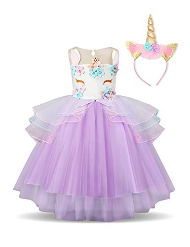 NNJXD Vestido Unicornio de Flor Volantes de Boda y Fiesta Princesa Muchacha Talla (130) 5-6 años 372 Púrpura-A