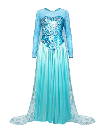 Nofonda Vestido Congelado, Vestido Largo Azul con Lentejuelas, Traje Falda Espléndido de la Princesa Elsa, Vestido Elegante para Mujer para Disfraces, Halloween, Cosplay, Carnaval (XL)