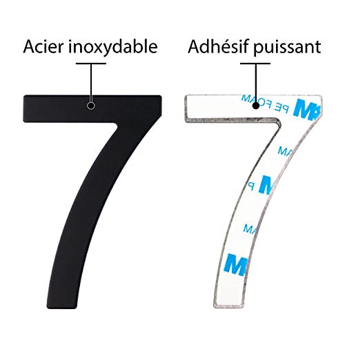 Número de calle en acero inoxidable negro mate, con dorso adhesivo, con una altura de 76 mm, número de casa, diseño de puerta (7)