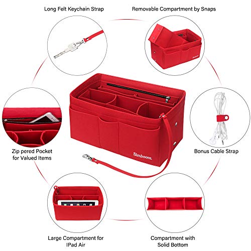 Organizador de Bolso de Fieltro, Simboom Multi-Bolsillo Organizador Bolso Insertar Bolsa en Bolsa Bolso Cosmético para Mujer (Rojo, L)