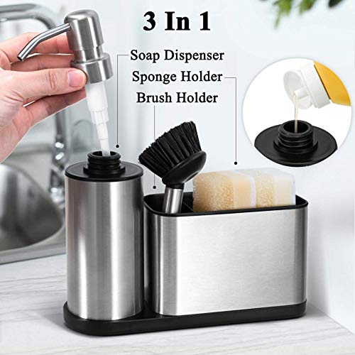 Oriware - Organizador para fregadero de cocina con dispensador de jabón incorporado y soporte para esponja (bomba y aplicador de acero inoxidable) - 7.87 x 7.08 x 2.556 pulgadas