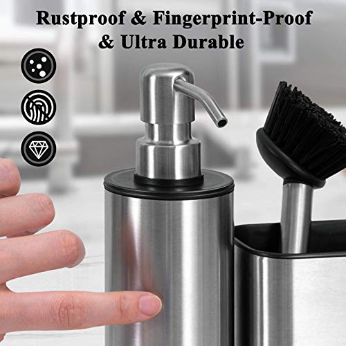 Oriware - Organizador para fregadero de cocina con dispensador de jabón incorporado y soporte para esponja (bomba y aplicador de acero inoxidable) - 7.87 x 7.08 x 2.556 pulgadas