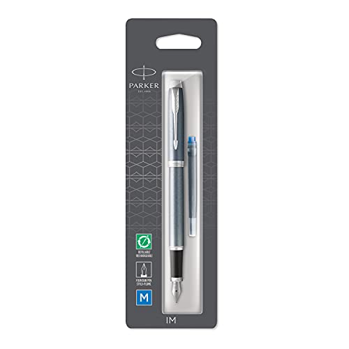 PARKER IM, pluma estilográfica de color gris azulado claro, con plumín mediano y recambio de tinta azul, en blíster (1975551)