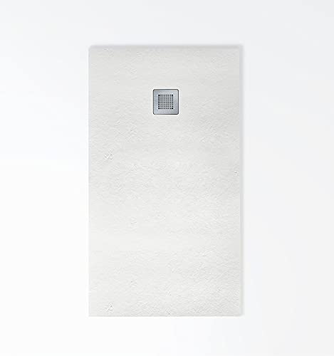 Plato de ducha de resina BLANCO Extraplano, incluye válvula y rejilla, todas las medidas disponibles. 5 Años de garantía. Textura pizarra antideslizante C-3. Medidas gran formato. Capa de GEL COAT.