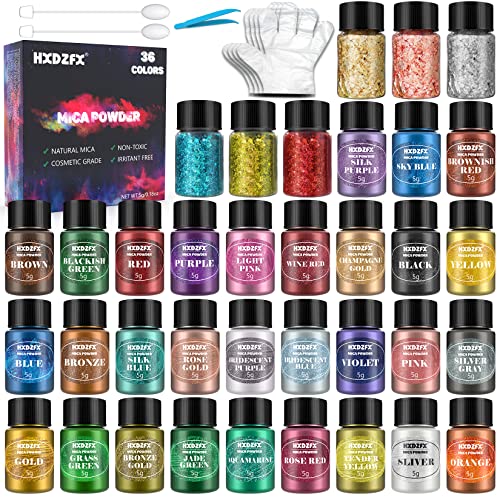 Polvo de Mica - 36 Colores × 5g Polvo Pigmento de Resina Epoxi, Tinte de Jabón Natural, Lámina de Oro de 3 Colores × 2g y Lentejuelas de 3 Colores × 5g, Usado Para Jabón, Vela, Esmalte de uñas