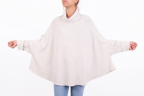 Poncho Misto Cashmere Kimono - Anillo de mujer fabricado en Italia - Doble hilo de manga larga - Lana de merino - Cachemire - Talla única - Regalo - Ropa de invierno, Beige claro., Talla única