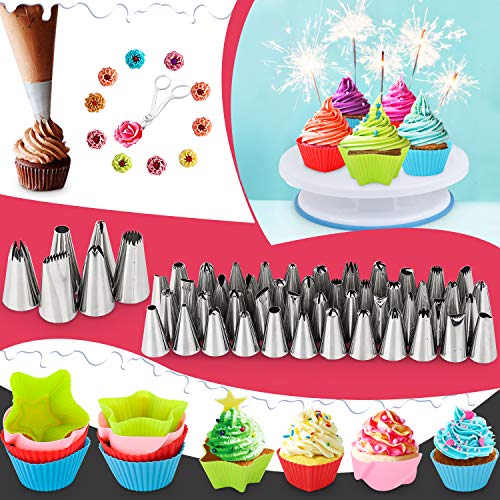 Popolic 120 pcs Juego de Decoración de Pasteles, Torta Giratoria, Cake Turntable, Decoración de Pasteles, Herramienta de Pastelería con 54 Boquillas de Tubería Regalos Originales para Mujer Navidad