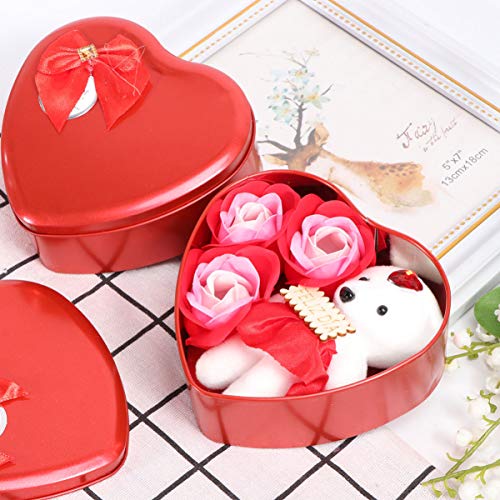 PRETYZOOM 2 Piezas de Jabón de Baño en Forma de Corazón Flor de Rosa Aroma Floral Pétalos de Rosa Jabón para El Cuerpo en Caja de Regalo con Osito de Cumpleaños Regalos Del Día Del Padre (Rojo)