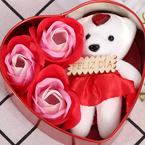 PRETYZOOM 2 Piezas de Jabón de Baño en Forma de Corazón Flor de Rosa Aroma Floral Pétalos de Rosa Jabón para El Cuerpo en Caja de Regalo con Osito de Cumpleaños Regalos Del Día Del Padre (Rojo)
