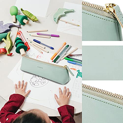 PU Cuero Estuche de Lápices,LYQQY Estuche de Piel Sintética Diseño Delgado, con Cremallera Metálica PU Cuero Bolsa de Lápices para Papelería, Artículos Pequeños, Cosméticos, Regalos Navideños,Verde