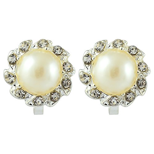 RIZILIA Sol Clip en Pendientes con Corte Redondo Cristal [Crema de perlas de marfil] en 18K Chapado en oro blanco, Elegancia Moderna Sencillo