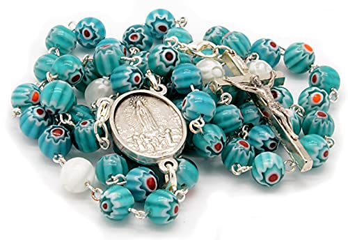 Rosario Religioso Verde Esmeralda Virgen de Fatima. Cristal de Murano Millefiori Convertible en Collar Hombre o Collar Mujer con Pulsera a Juego y Bolsa de Tela. Fatima Murano Verde Esmeralda
