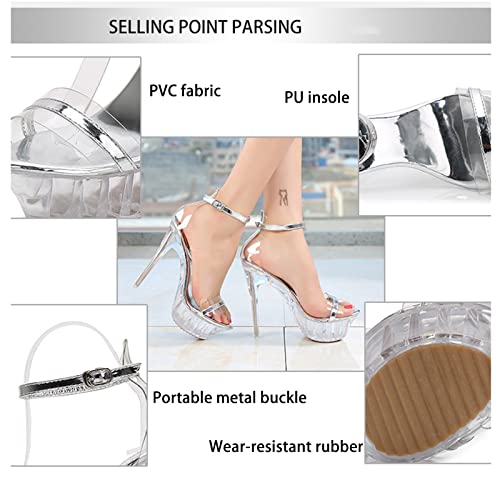 Sandalias Tacón De Aguja Hebilla En El Tobillo Para Mujer Tacones Altos Con Punta Abierta De Cristal Tacón De Aguja Sexy Transparente 5.5 Pulgadas para La Discoteca Ladies Party Catwalk ,37,Silver