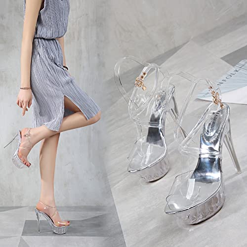 Sandalias Tacón Hebilla En El Tobillo Y Punta Abierta Para Mujer Tacones Altos De Plataforma Sexy Estilete Cristal 14cm Elegantes Zapatos Vestir Para Bodas para La Discoteca Ladies Catwalk ,40,Silver