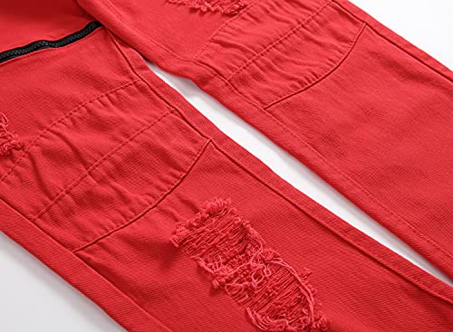 ShFhhwrl Jeans Mens Jeans Zipper Decoration Casual Hip Hop Jeans White Red Hole Slim Skinny Men's Ripped Jeans Streetwear Denim Trousers 33