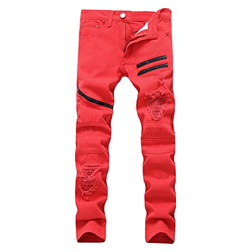 ShFhhwrl Jeans Mens Jeans Zipper Decoration Casual Hip Hop Jeans White Red Hole Slim Skinny Men's Ripped Jeans Streetwear Denim Trousers 33