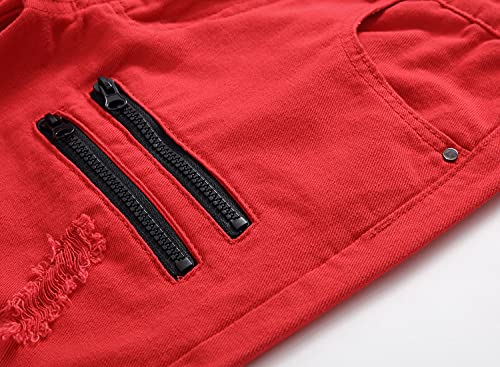 ShFhhwrl Jeans Mens Jeans Zipper Decoration Casual Hip Hop Jeans White Red Hole Slim Skinny Men's Ripped Jeans Streetwear Denim Trousers 33