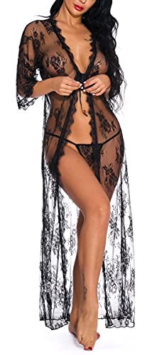 ShinyStar Lencería sexy para mujer, de encaje, kimono, vestido babydoll, transparente, ropa de noche con tanga., Negro , L