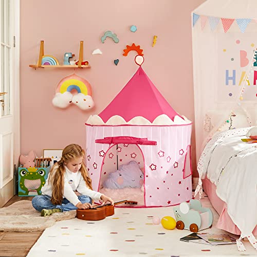 SONGMICS Tienda de campaña Infantil, Carpa Plegable para niños, Casa de Juegos para Interiores y Exteriores, Pop-up portátil Tienda con Bolsa de Transporte, con Estrellas, Rosado, LPT01PK