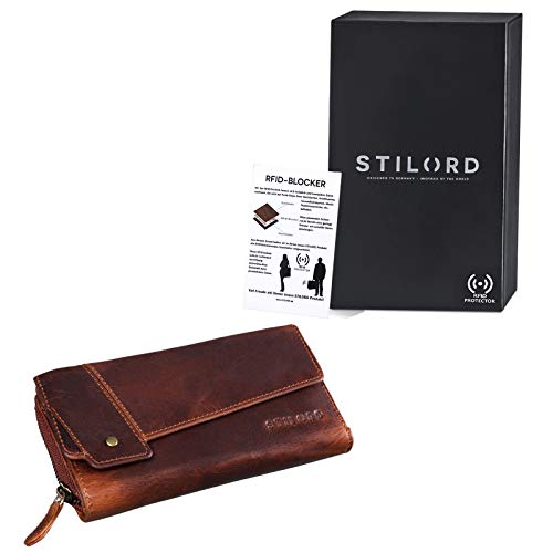 STILORD 'Sophia' Vintage Cartera Cuero Mujeres RFID Protector Monedero Billetera para Señora 15 Tarjetas Billetes y Monedas con Caja de Regalo, Color:Kara - Cognac