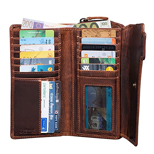 STILORD 'Sophia' Vintage Cartera Cuero Mujeres RFID Protector Monedero Billetera para Señora 15 Tarjetas Billetes y Monedas con Caja de Regalo, Color:Kara - Cognac